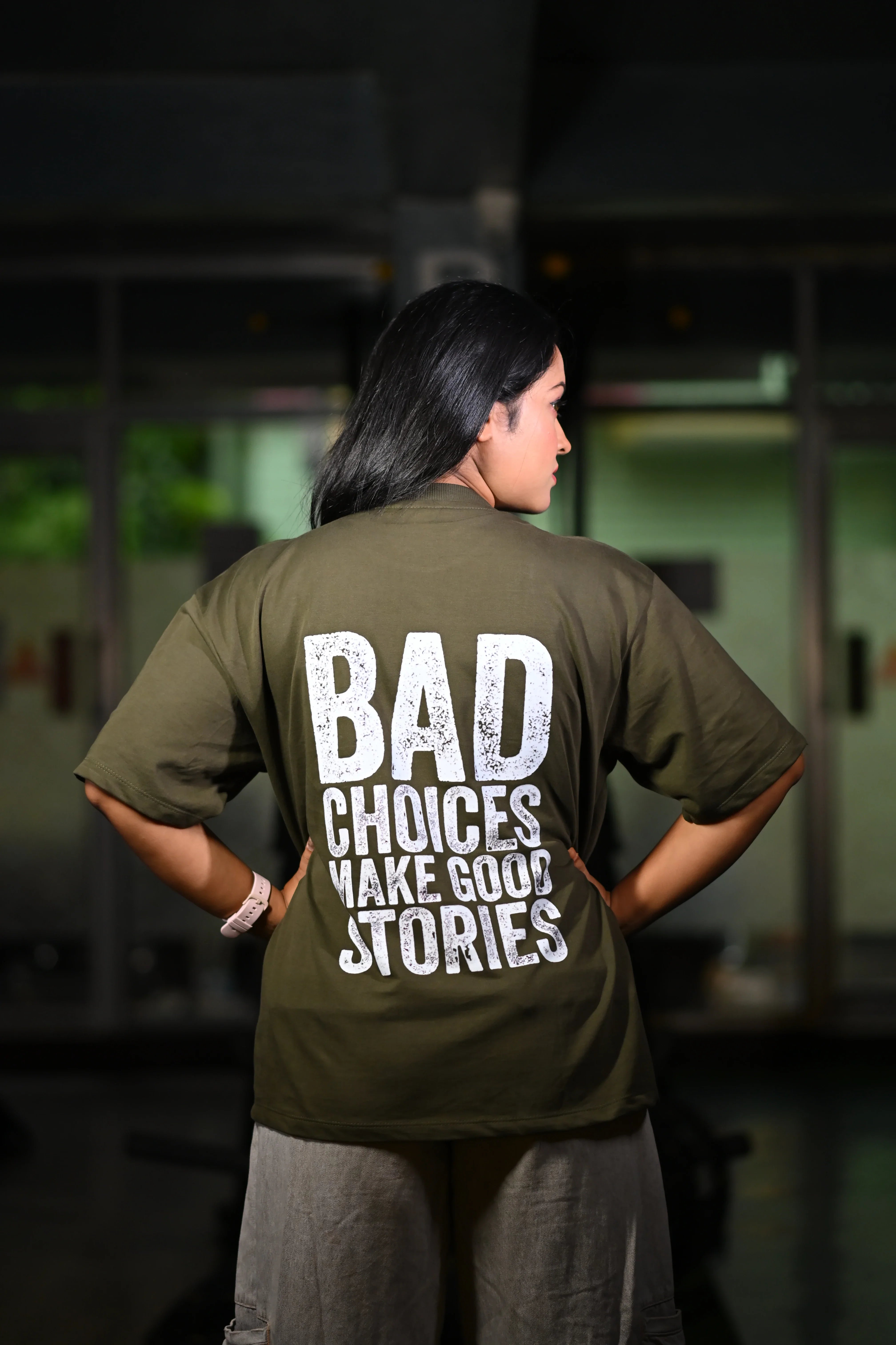 Bad Choices Make Good Stories Oversized Graphic T-Shirt Olive Green