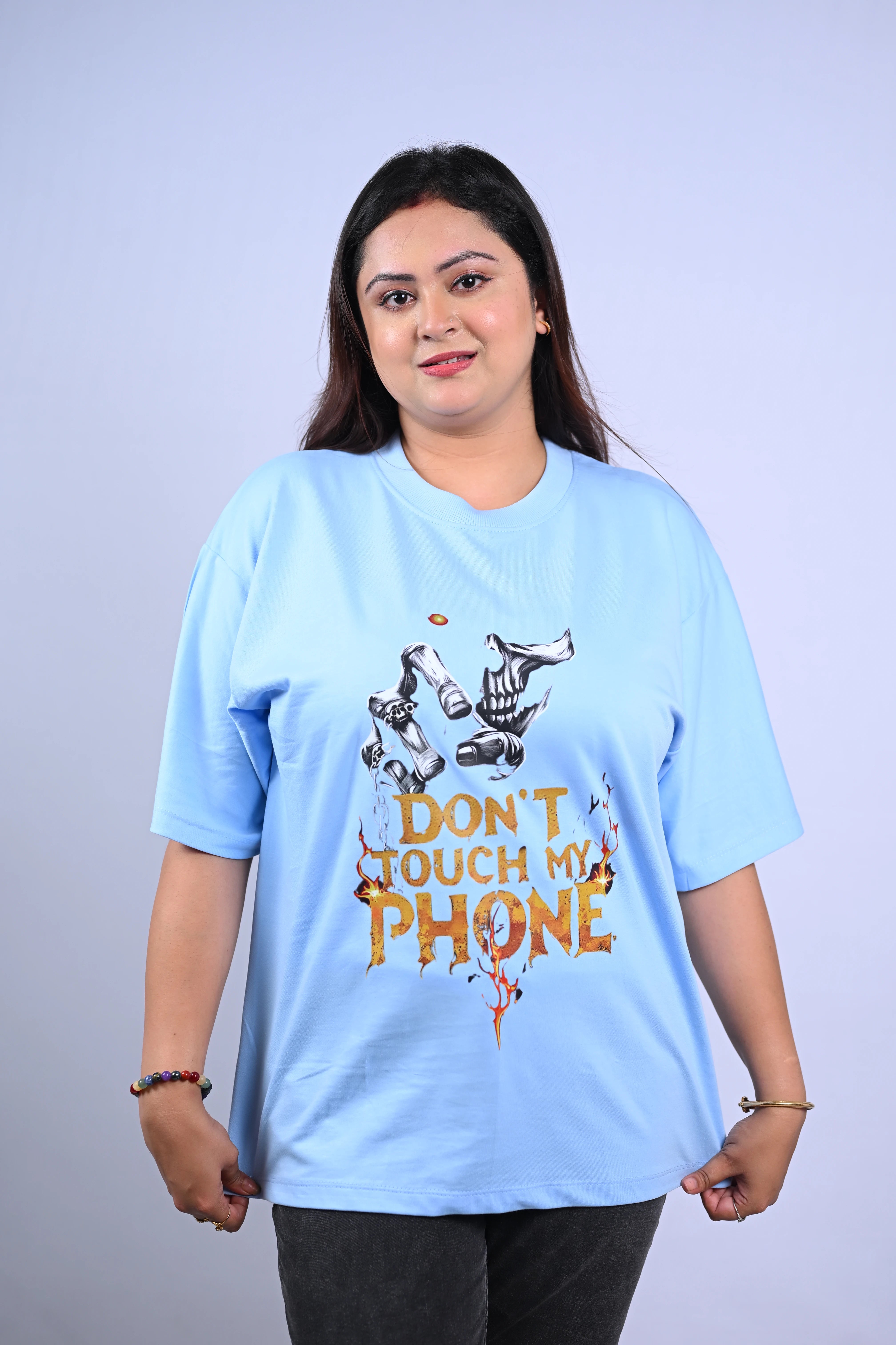 Don’t Touch My Phone Graphic Oversized T-Shirt Sky Blue