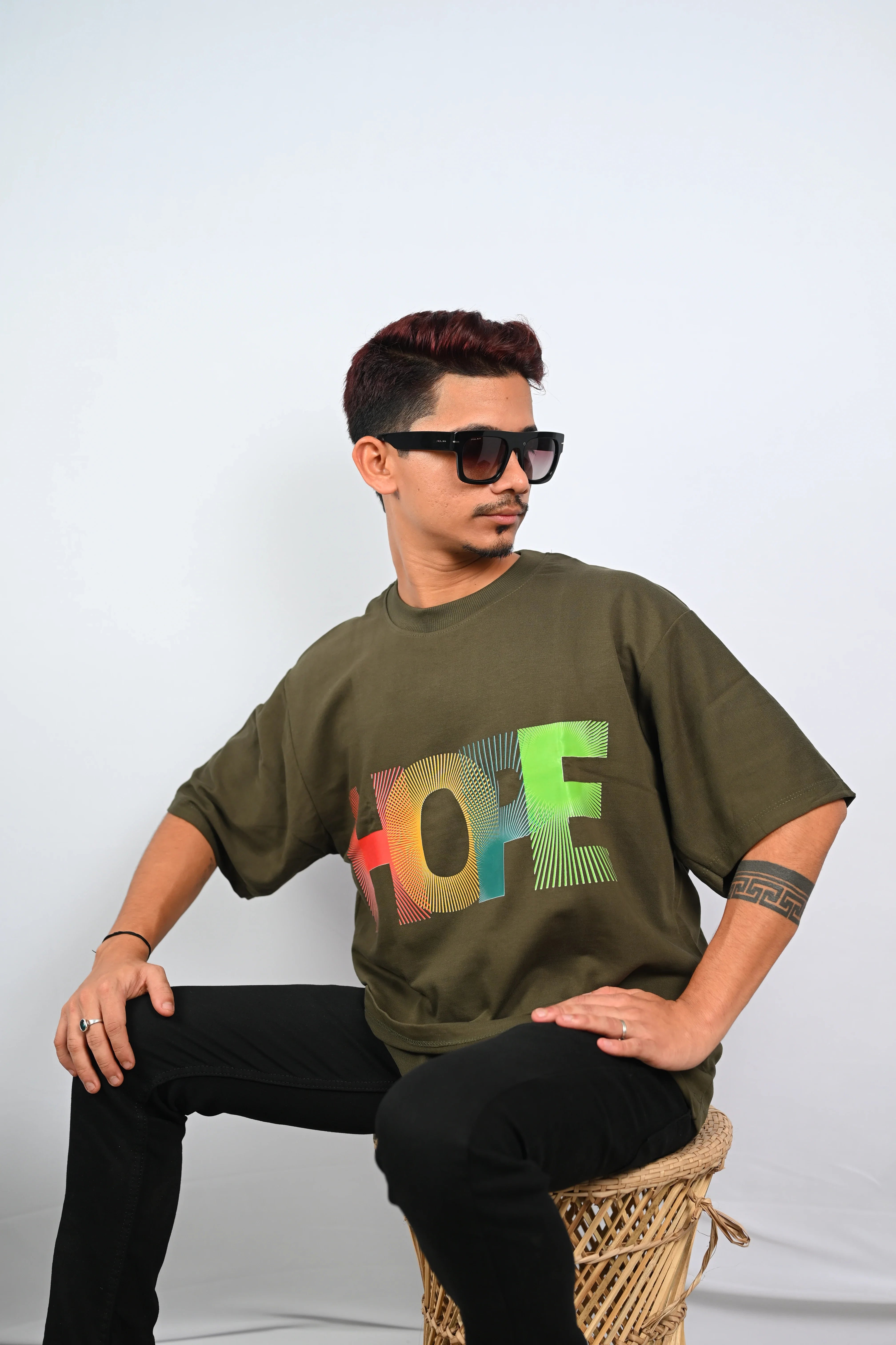 HOPE Multicolor Graphic Oversized T-Shirt Olive Green