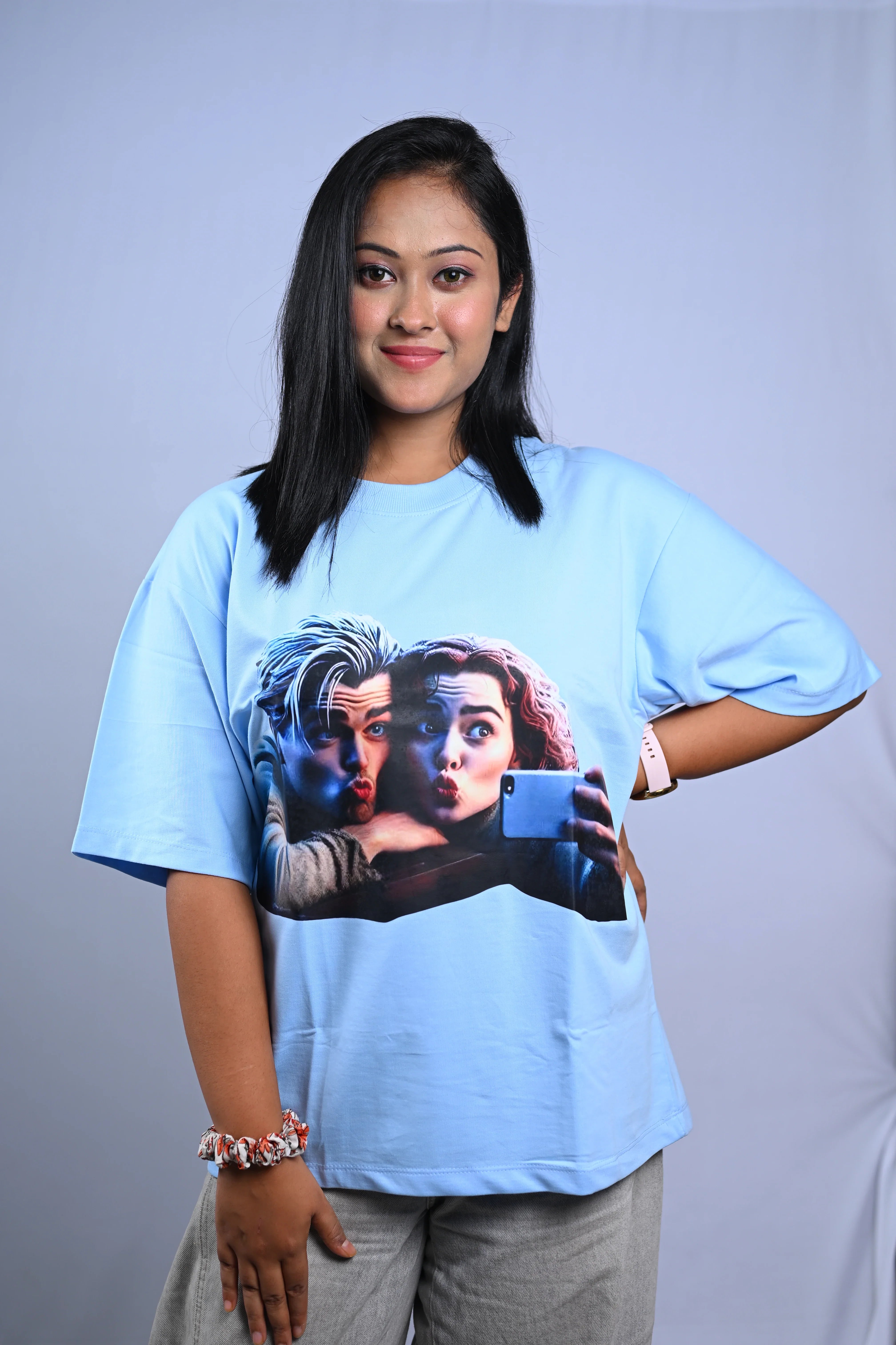 Titanic Selfie Graphic Oversized T-Shirt Sky Blue